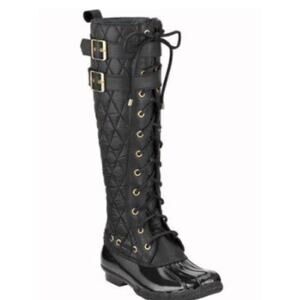 Sperry Top-Sider Tall Quilted Lace-Up Boots Black Gold Hardware Women’s 9
